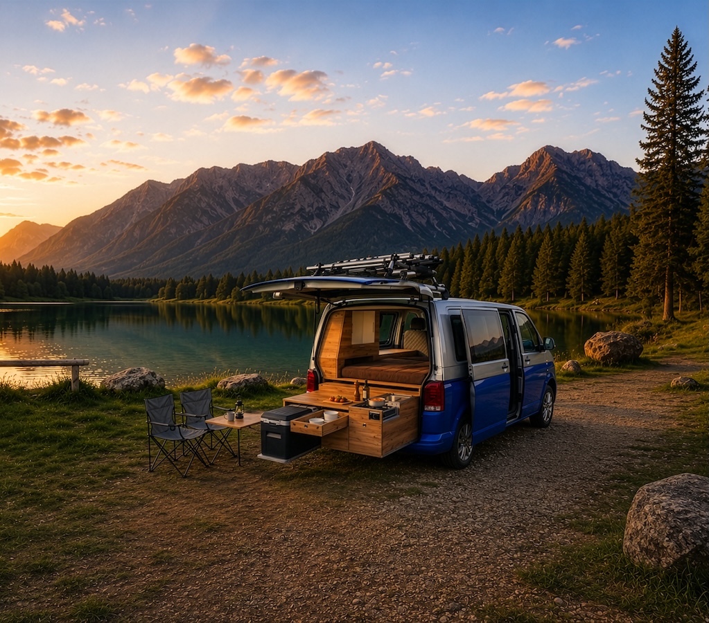 Clever Camper Glamping Bulli am See im Sonnenuntergang - AI generated