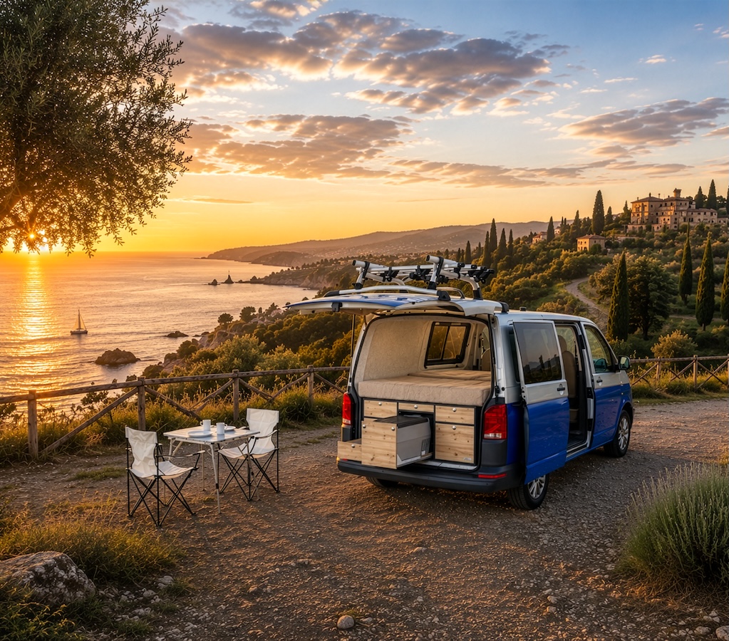 Clever Camper Sunrise Bulli in der Toskana - AI generated