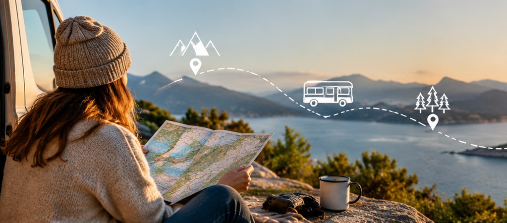 Person neben Camper mit Landkarte in der Hand