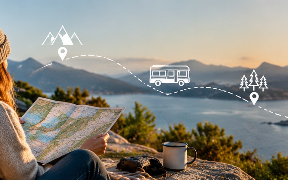 Person neben Camper mit Landkarte in der Hand