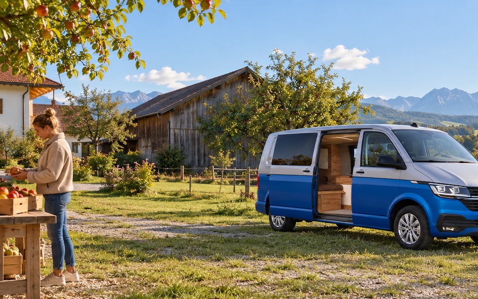 Einen guten Stellplatz finden: Campervan auf einem kleinen Stellplatz am Dorfrand mit Blick über Wiesen auf die Alpen