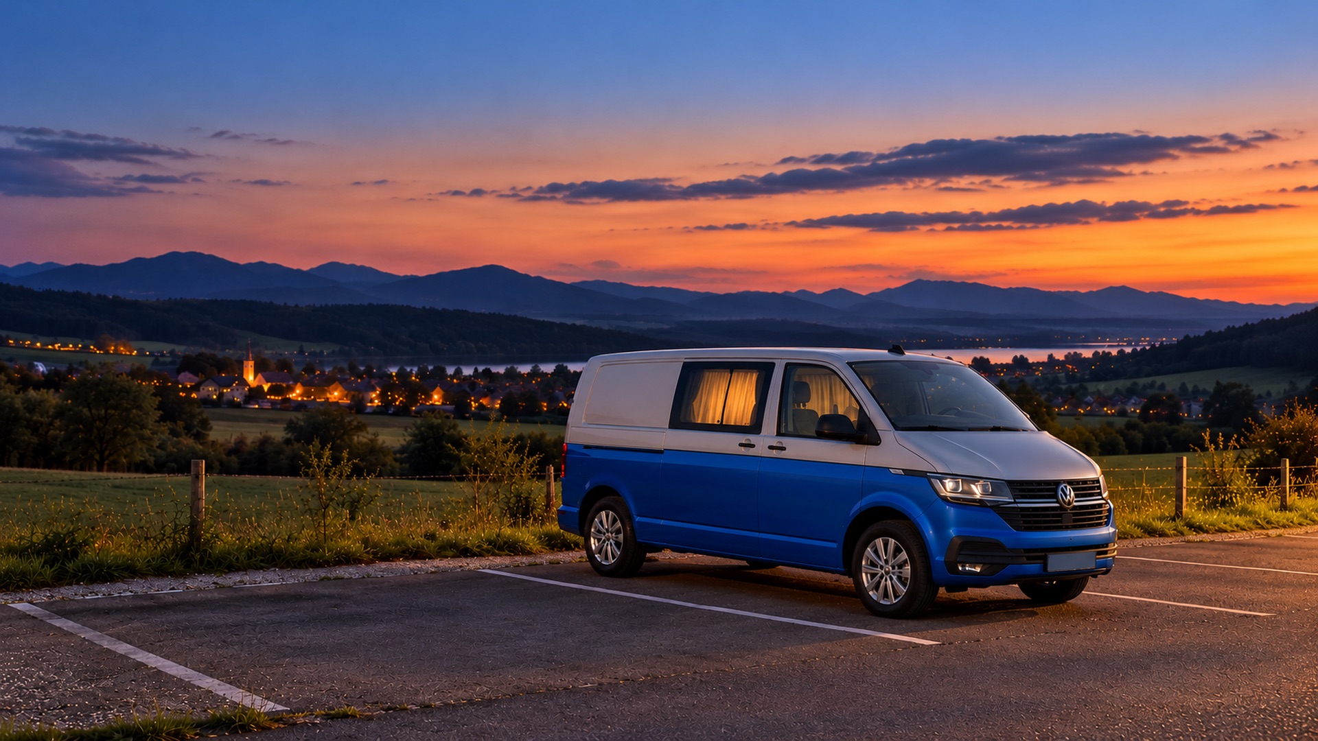 Campervan zur blauen Stunde auf einem Parkplatz mit zugezogenen Vorhängen, ohne Campingmöbel und abfahrbereit