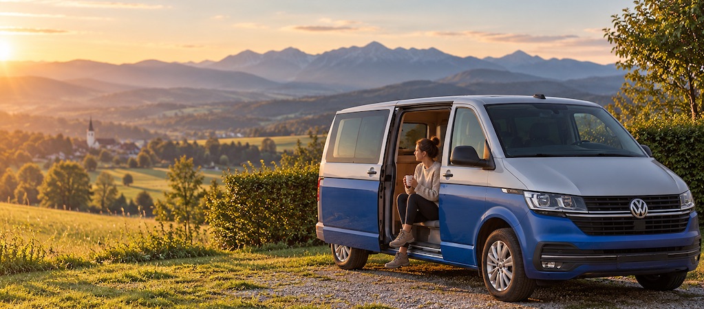 Einen guten Stellplatz finden: Campervan auf einem kleinen Stellplatz am Dorfrand mit Blick über Wiesen auf die Alpen